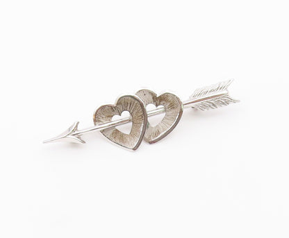 BEAU 925 Silver  Vintage Cupid Arrow Through Love Hearts Brooch Pin  BP9733