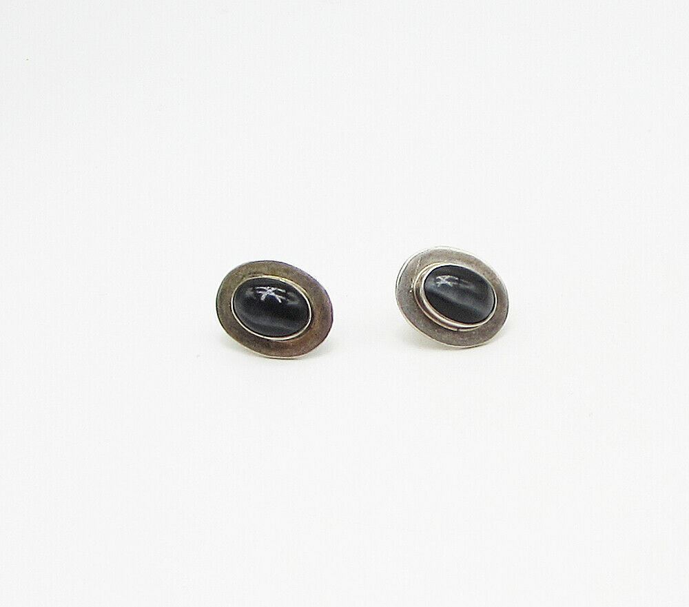 MEXICO 925 Sterling Silver  Vintage Black Onyx Oval Stud Earrings  EG1957