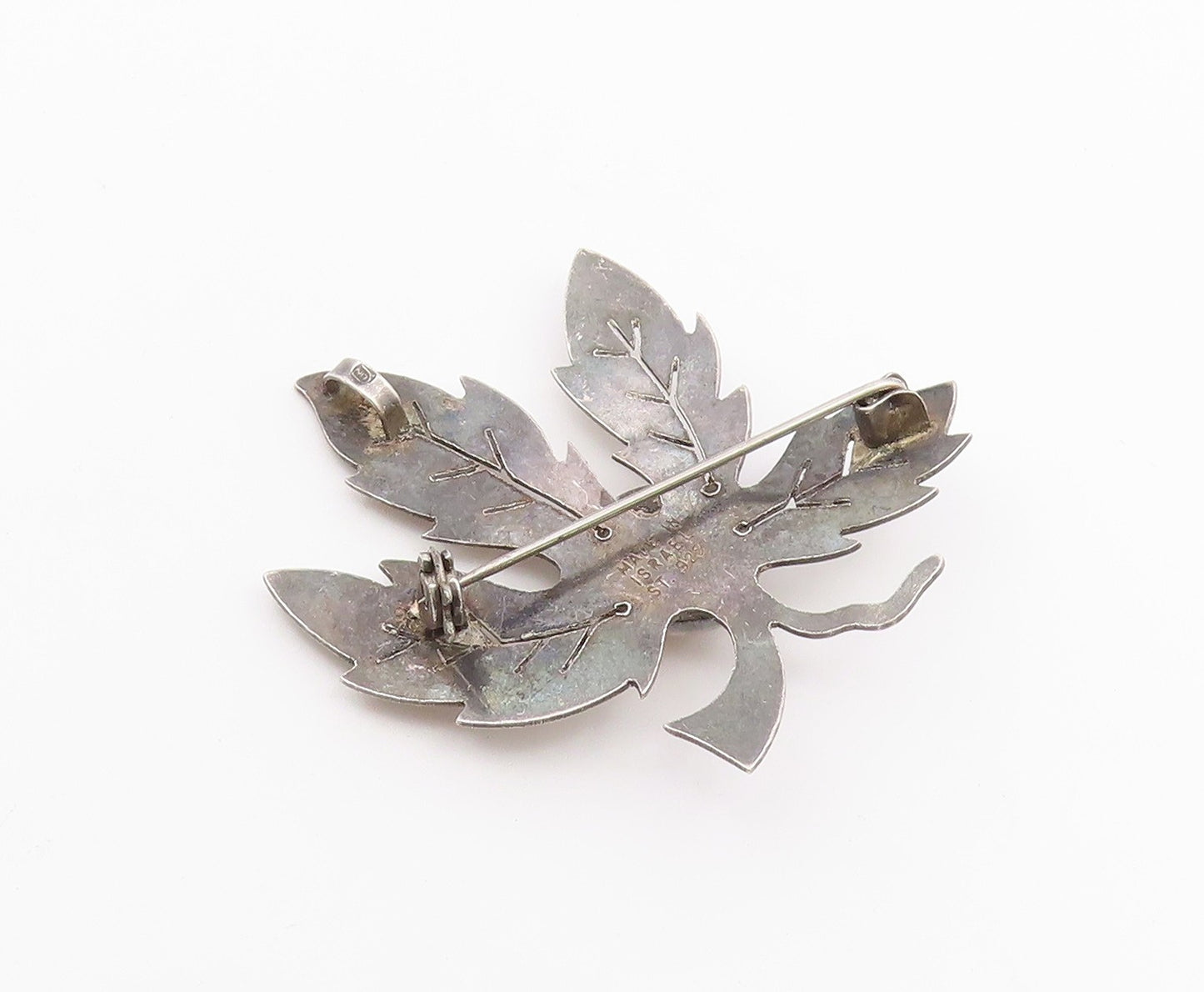 ISRAEL 925 Sterling Silver  Vintage Tiger's Eye Carved Leaf Brooch Pin  BP9402