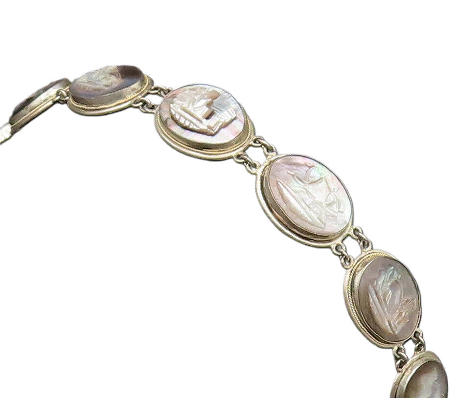 925 Silver  Vintage Carved Mother Of Pearl Sailboat Scenery Bracelet  BT9676