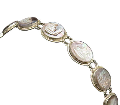 925 Silver  Vintage Carved Mother Of Pearl Sailboat Scenery Bracelet  BT9676