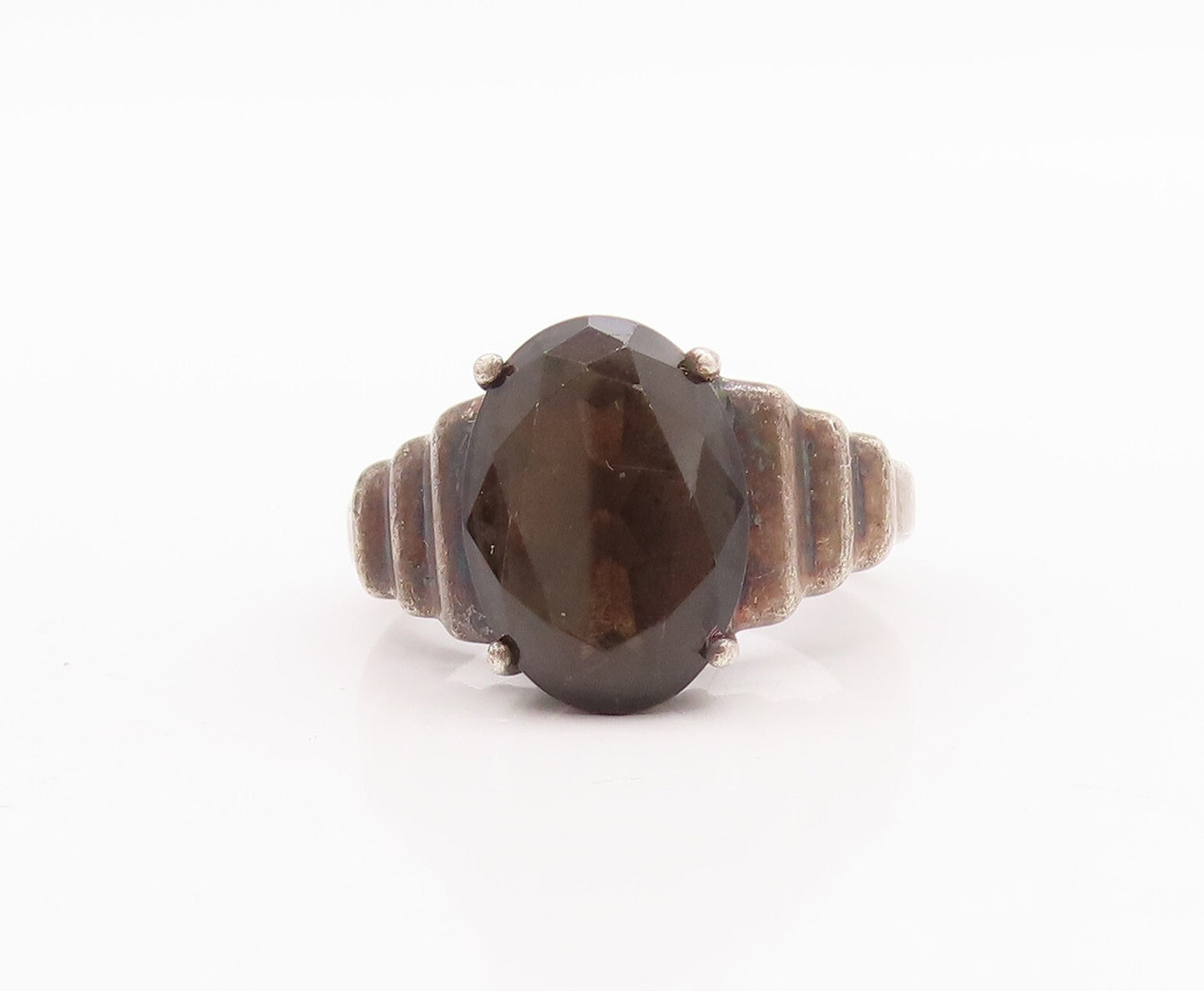 925 Sterling Silver Vintage Ring Step Carved Neck Oval Cut Onyx  Sz 7  RG28719