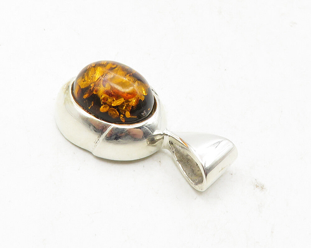 925 Sterling Silver  Vintage Cabochon Cut Amber Shiny Oval Pendant  PT7700