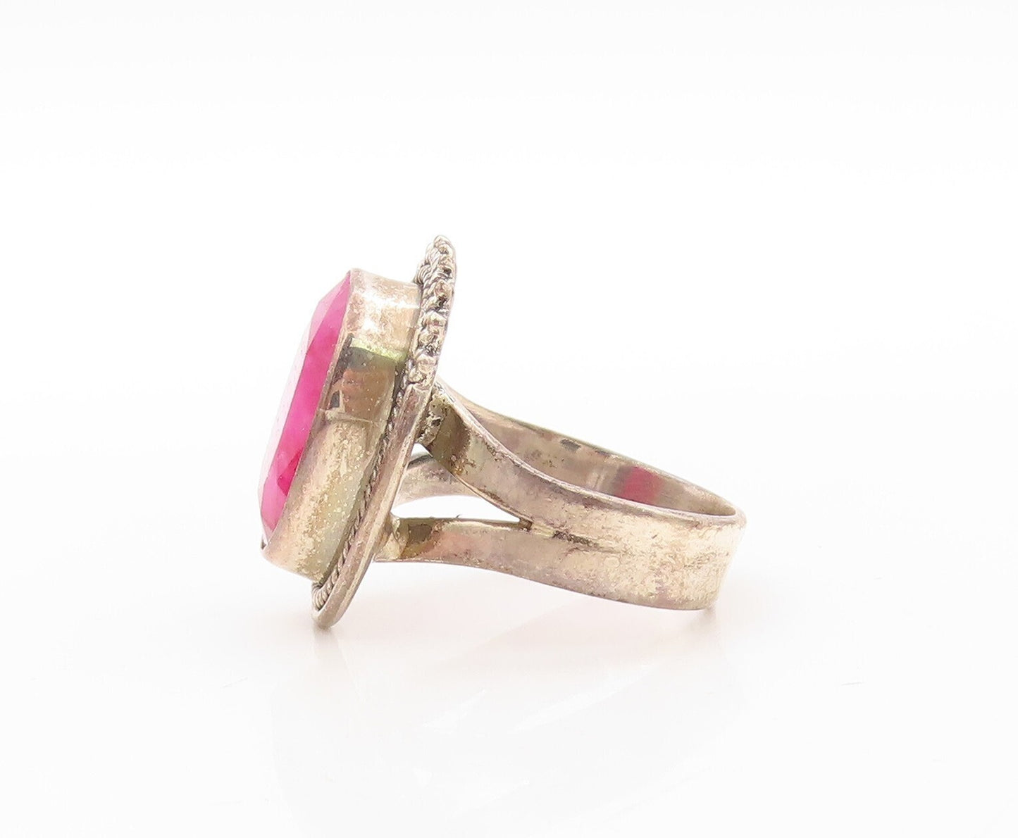 925 Sterling Silver Vintage Ring Oval Cabochon Pink Gemstone  Sz 8.5  RG30569