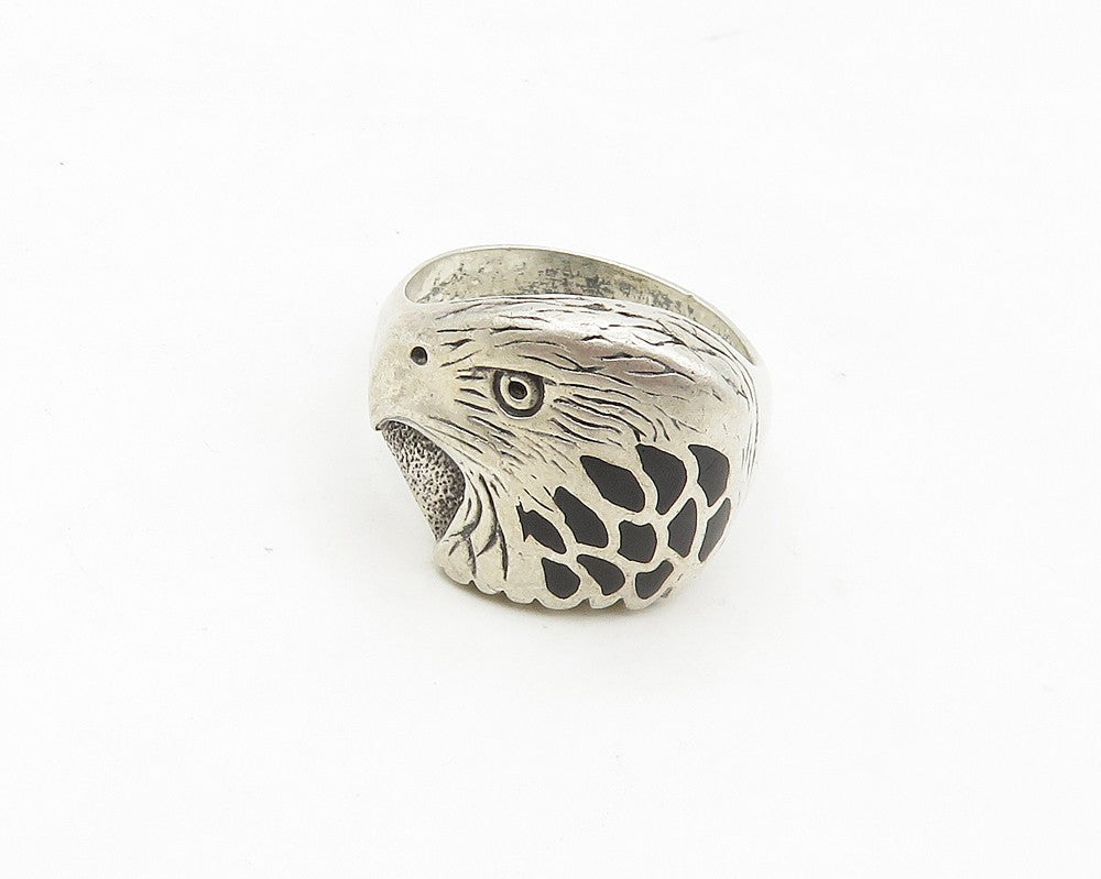 SOUTHWESTERN 925 Silver Vintage Black Onyx Eagle Band Ring Sz 8.5 RG17576