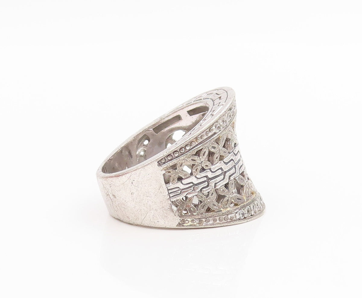 925 Sterling Silver Vintage Ring CZ Floral Openwork Wide Band  Sz 8.5  RG34372