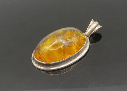 925 Sterling Silver  Vintage Cabochon Cut Amber Oval Drop Pendant  PT16614