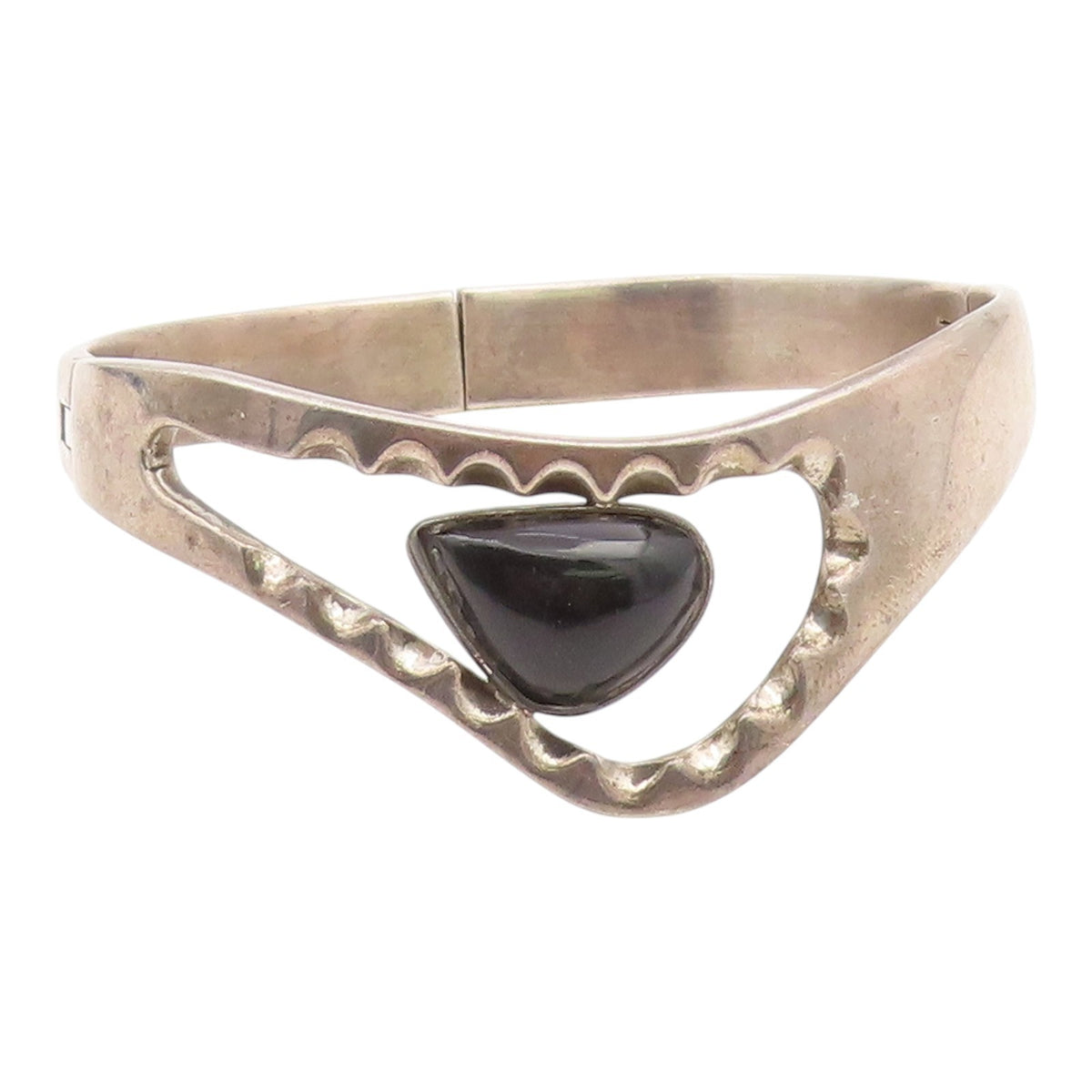 MEXICO 925 Sterling Silver  Vintage Black Onyx Shiny Bangle Bracelet  BT8909