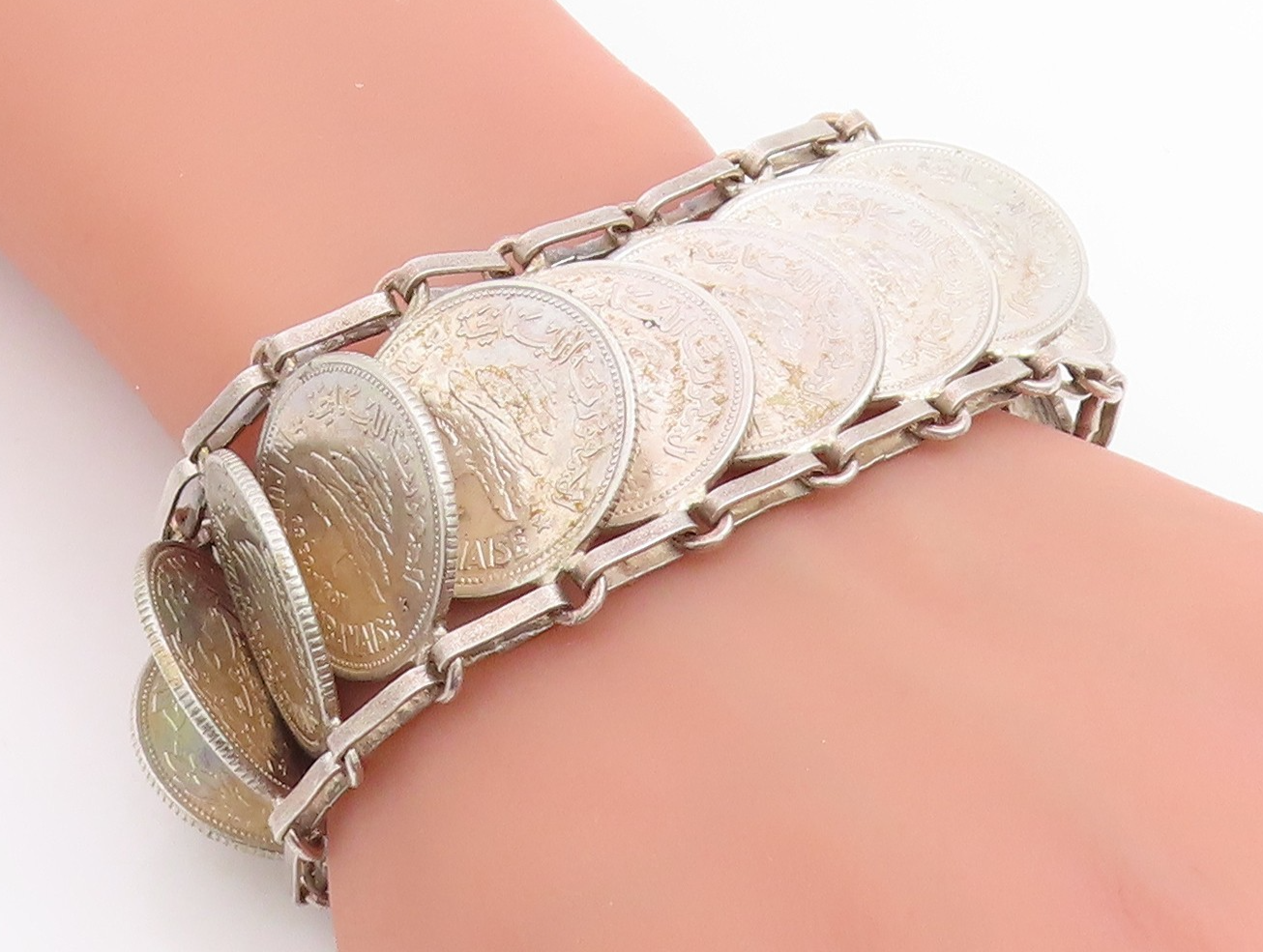 925 Sterling Silver Vintage Bracelet Lebanese Lira Coins Charm Chain  BT11420