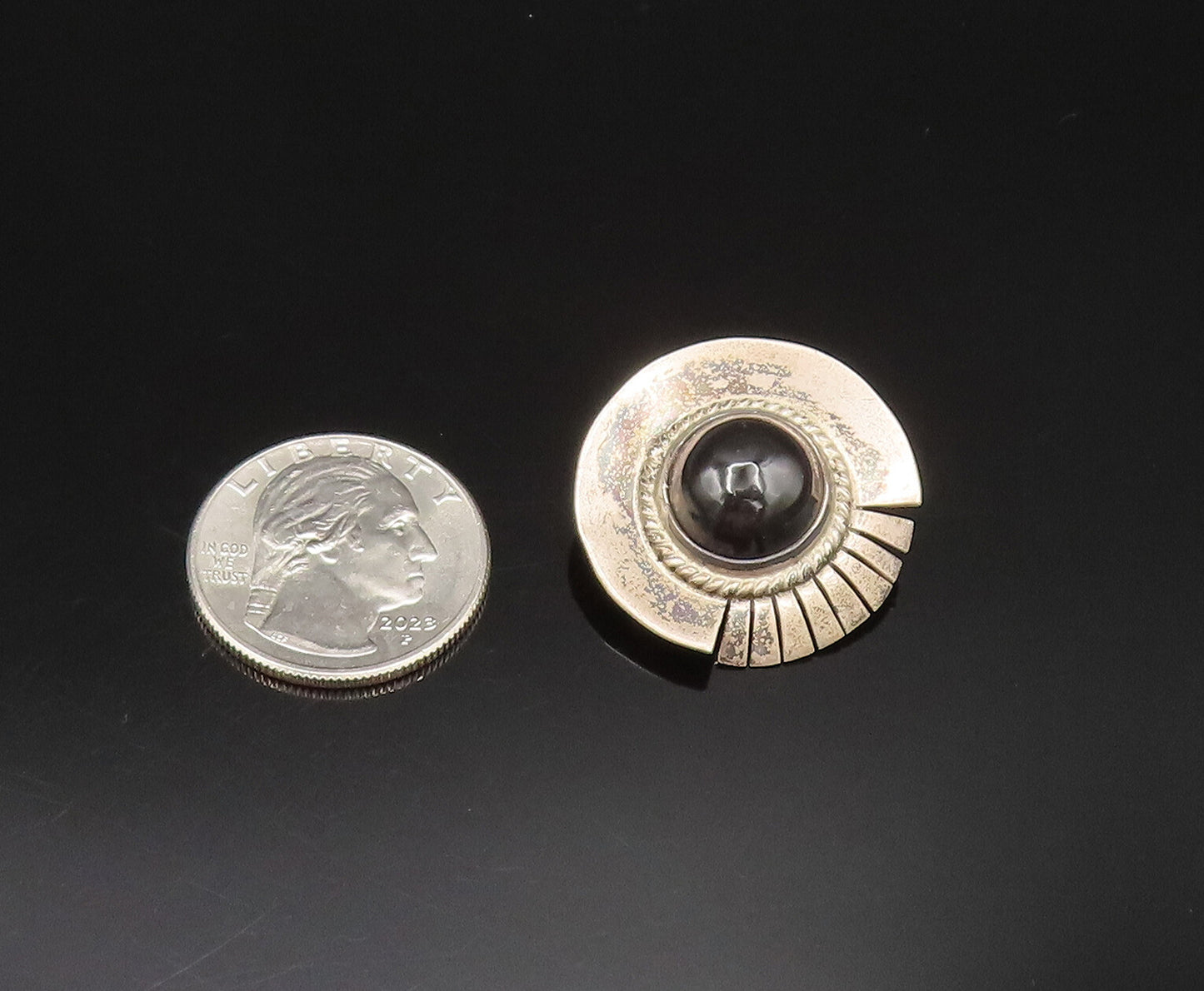 MEXICO 925 Silver  Vintage Round Black Onyx Non Pierced Earrings  EG11945