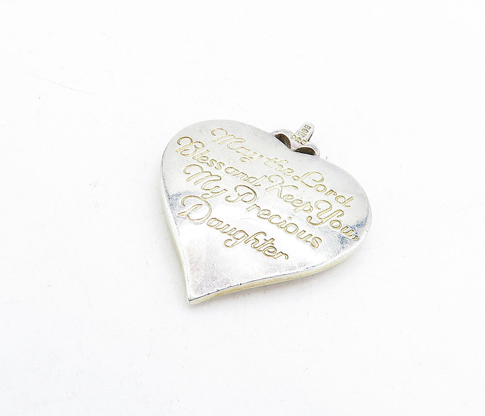 925 Silver  Vintage Sapphire & Genuine Diamond Cross Heart Pendant  PT3679