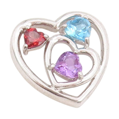 925 Sterling Silver Vintage Pendant Tri Gemstone Dual Love Heart Charm  PT25217