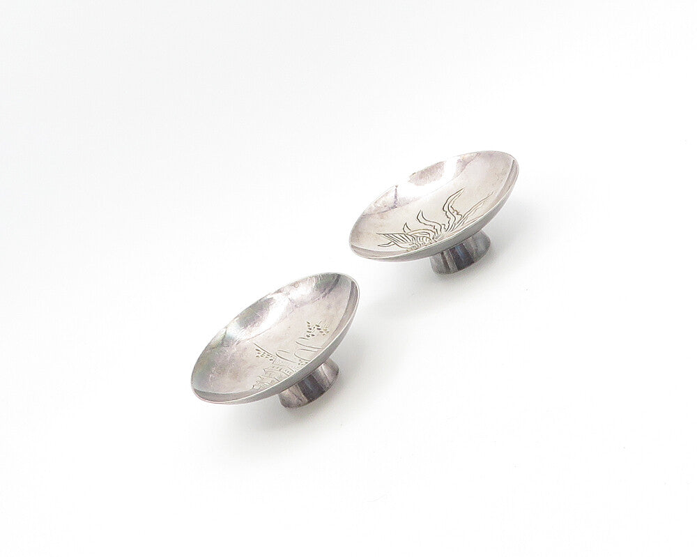 JAPANESE 925 Silver  Vintage 2 Pcs Detailed Round Footed SAKI Bowls  TR2528