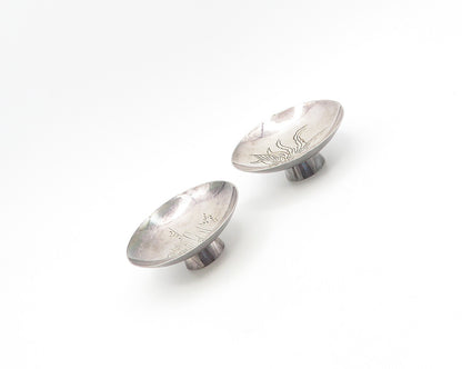 JAPANESE 925 Silver  Vintage 2 Pcs Detailed Round Footed SAKI Bowls  TR2528