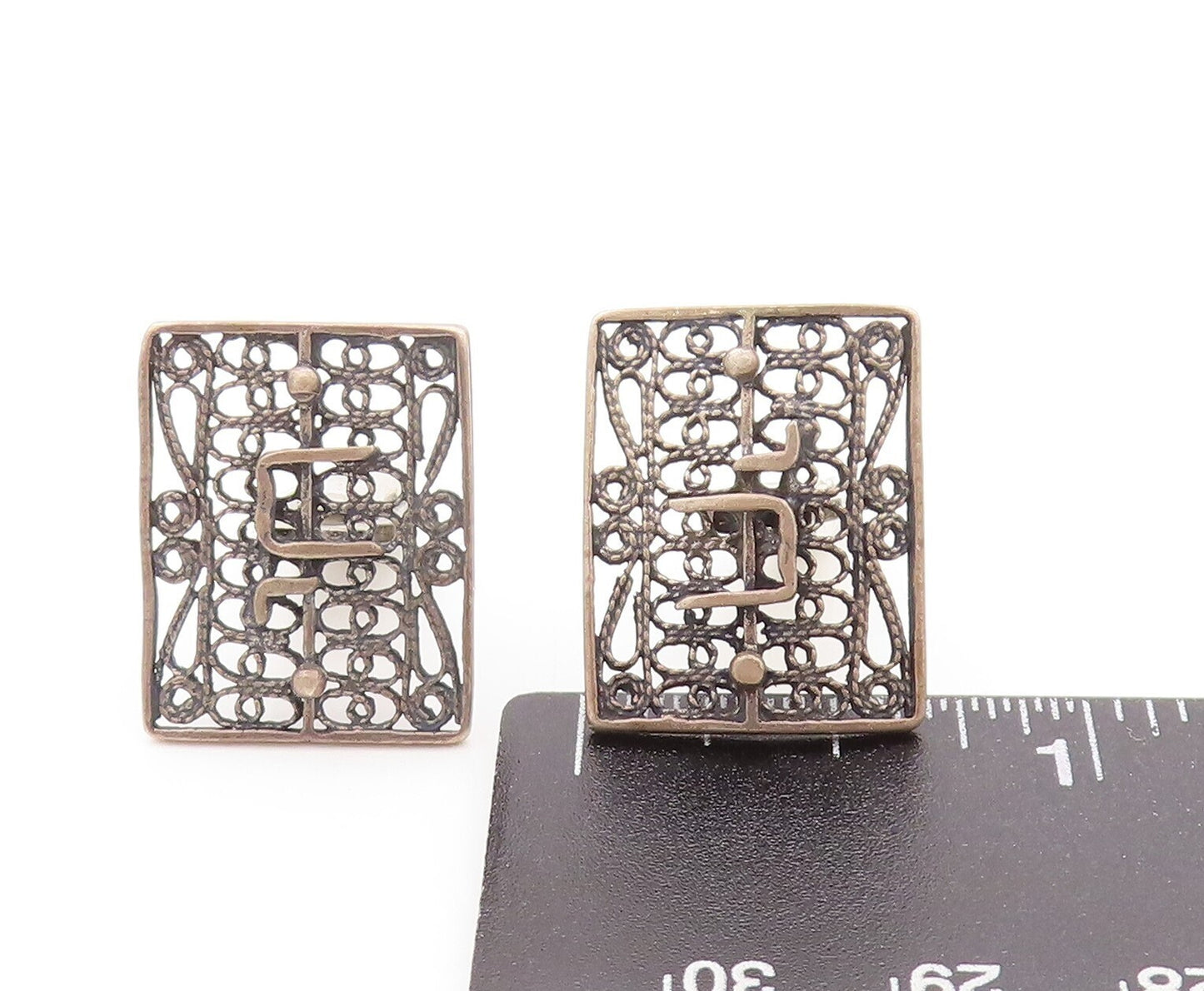 925 Sterling Silver Vintage Cuff Links Cutout Twisted Roped Chai Carved  TR3797