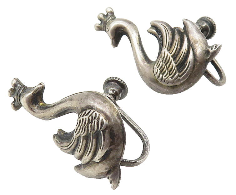 925 Sterling Silver  Vintage Dark Tone Royal Swan Non Pierce Earrings  EG5694