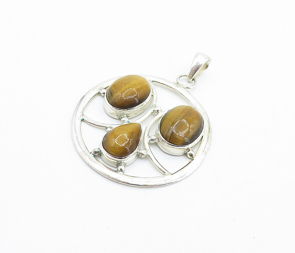 925 Sterling Silver  Vintage Cabochon Cut Tiger's Eye Shiny Pendant  PT4281
