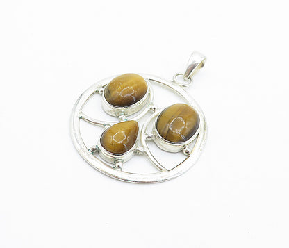 925 Sterling Silver  Vintage Cabochon Cut Tiger's Eye Shiny Pendant  PT4281