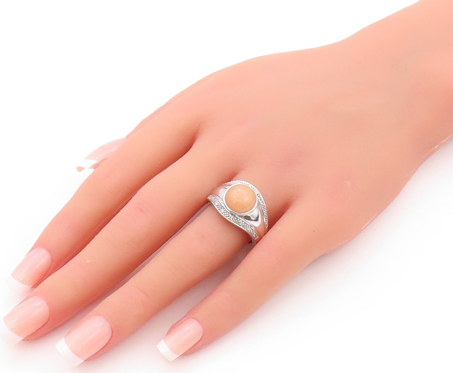 925 Sterling Silver Vintage Ring Diamonds & Orange Cabochon Jade  SZ 8  RG32143
