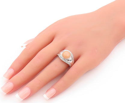 925 Sterling Silver Vintage Ring Diamonds & Orange Cabochon Jade  SZ 8  RG32143