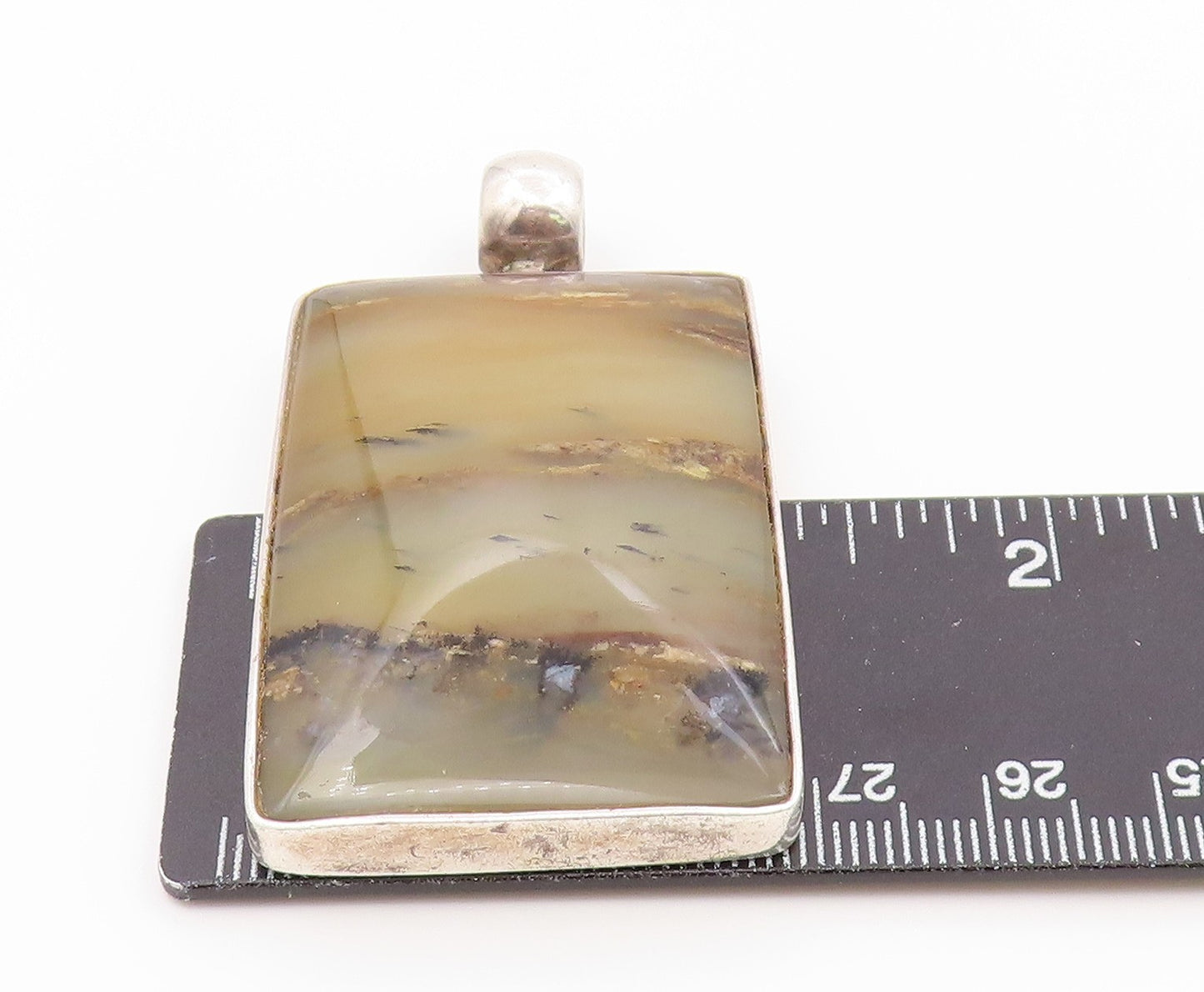 925 Sterling Silver Vintage Pendant Solid Picture Jasper Rectangle Frame PT26478