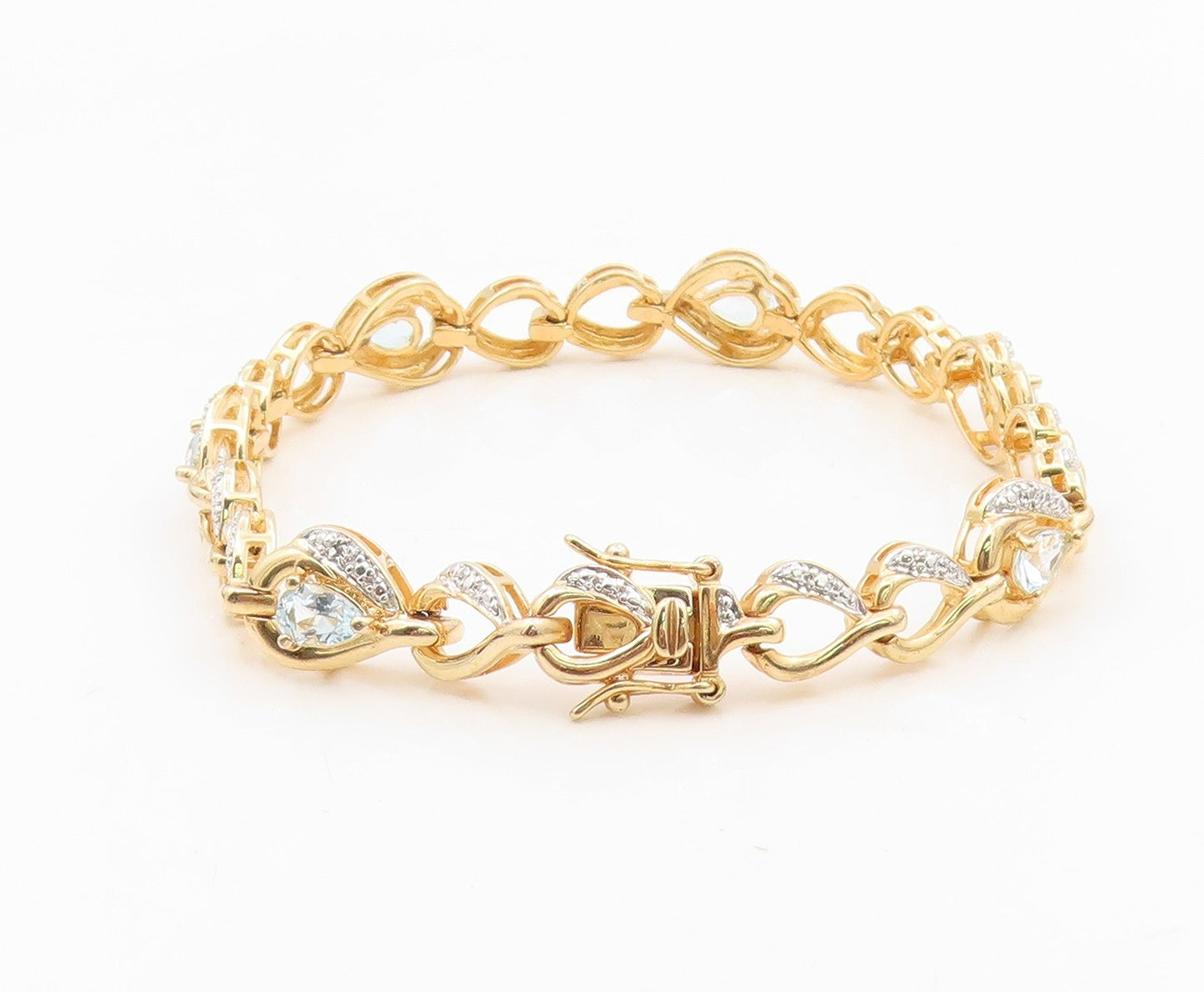 925 Sterling Silver Vintage Bracelet Gold Plated Pear Cut Blue Topaz  BT11598