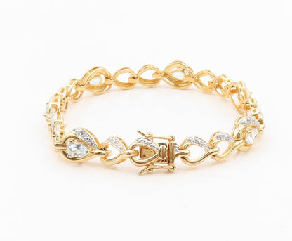 925 Sterling Silver Vintage Bracelet Gold Plated Pear Cut Blue Topaz  BT11598