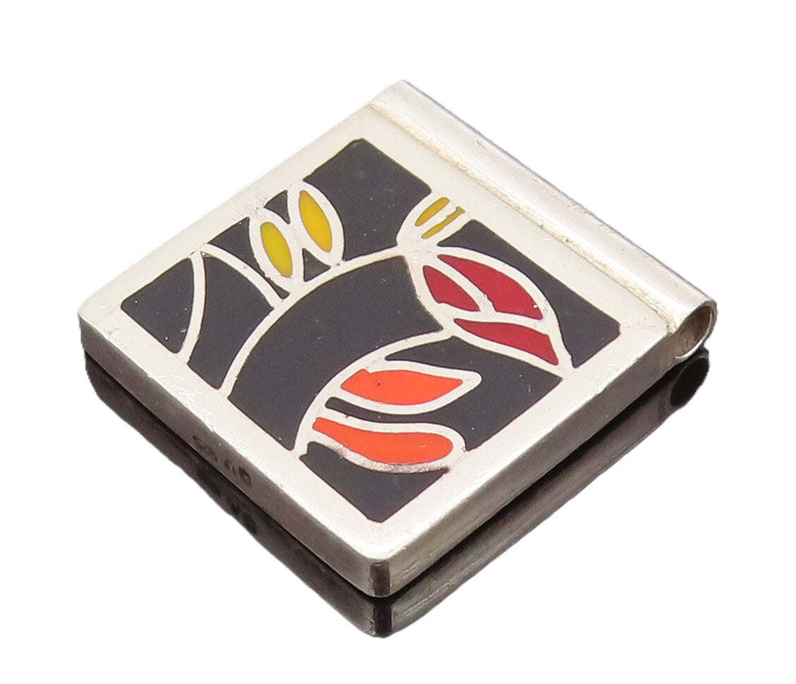 EUROPE 925 Sterling Silver  Vintage Square Flower Leaf Enamel Pendant PT22123
