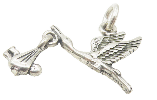 925 Sterling Silver  Vintage Petite Flying Stork With Baby Pendant  PT9372
