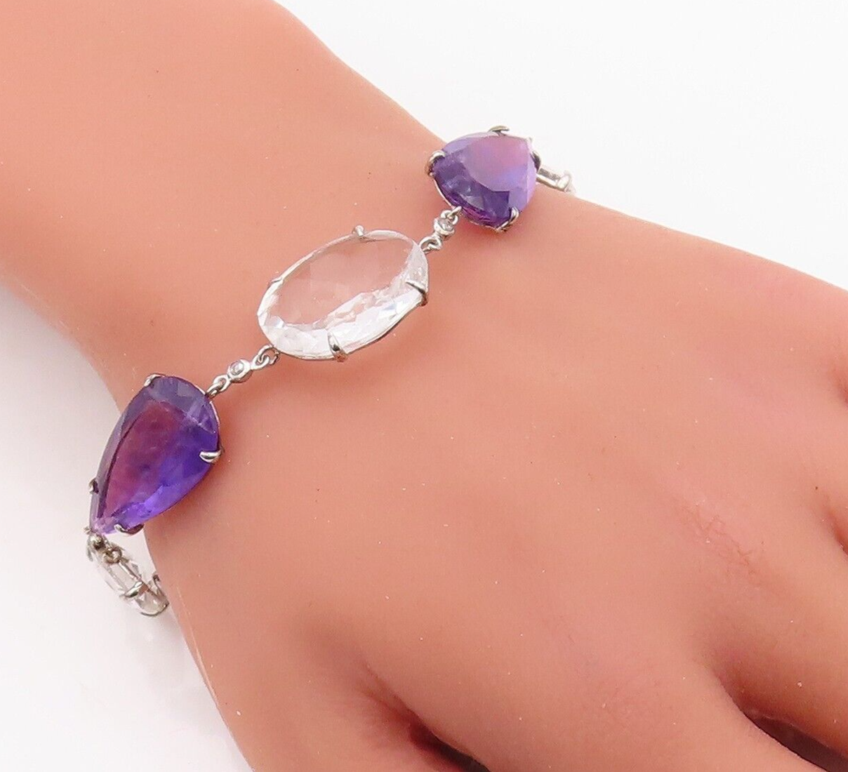 925 Sterling Silver Vintage Bracelet Drop Cut Amethyst Oval Topaz  BT10877