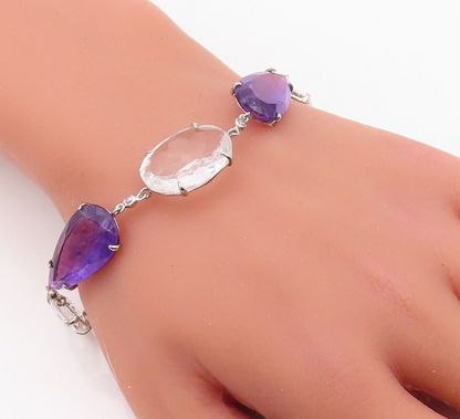 925 Sterling Silver Vintage Bracelet Drop Cut Amethyst Oval Topaz  BT10877