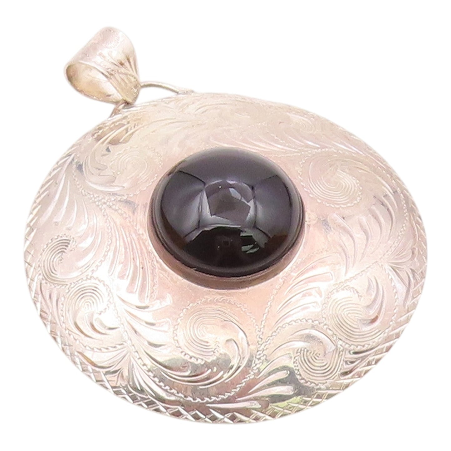 MERAV MEXICO 925 Silver  Vintage Black Onyx Shiny Swirl Vine Pendant  PT7758