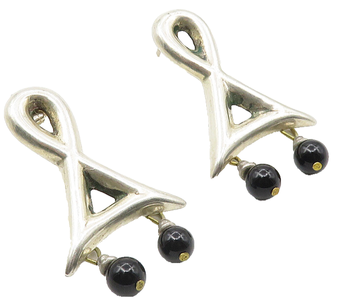 925 Sterling Silver  Vintage Black Onyx Ball Bead Dangle Earrings  EG5417