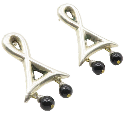 925 Sterling Silver  Vintage Black Onyx Ball Bead Dangle Earrings  EG5417