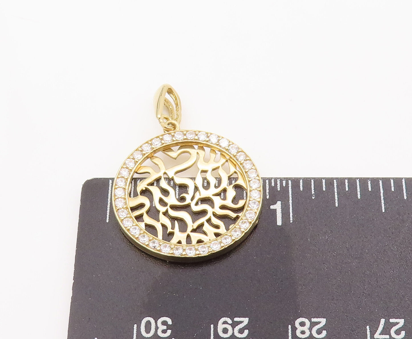 925 Sterling Silver Vintage Pendant Gold Plated CZ Carved Hebrew Prayer  PT23098