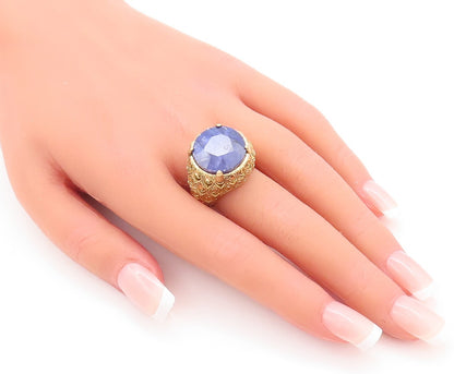 925 Sterling Silver Vintage Ring Gold Plated Floral Carved Gemstone Sz 7 RG29624