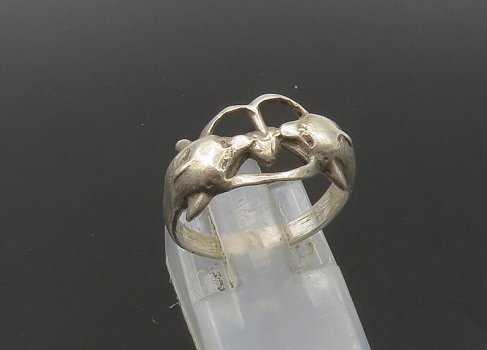 925 Sterling Silver  Vintage Double Dolphin Love Heart Band Ring Sz 6  RG22790
