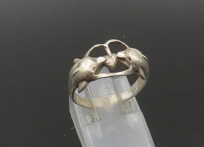 925 Sterling Silver  Vintage Double Dolphin Love Heart Band Ring Sz 6  RG22790