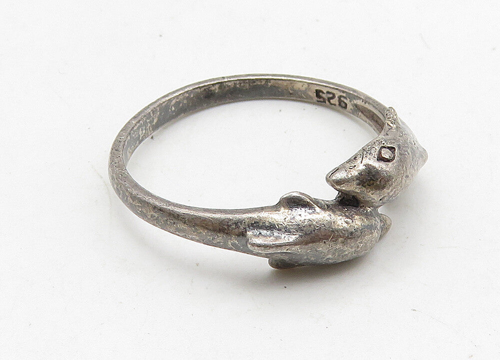 925 Sterling Silver  Vintage Dark Tone Dolphin Motif Bypass Ring Sz 6  RG10514