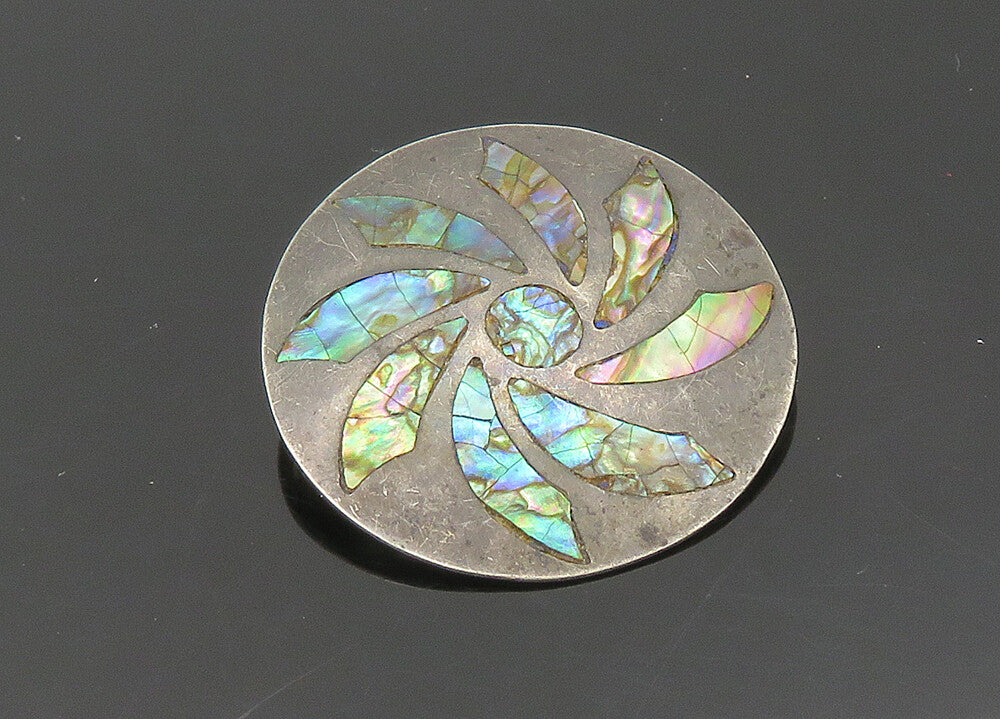 MEXICO 925 Silver  Vintage Inlaid Abalone Shell Flower Brooch Pin  BP8149
