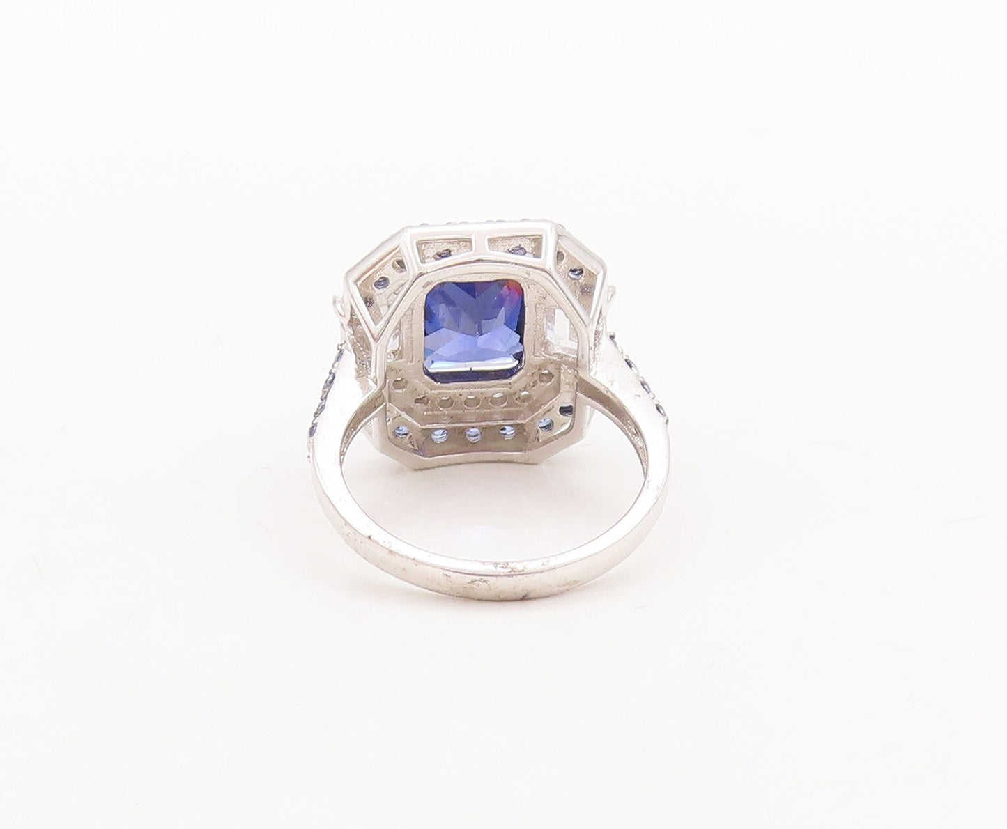 925 Sterling Silver Vintage Ring Rectangle Cut Blue White CZ Inlay Sz 7  RG29550