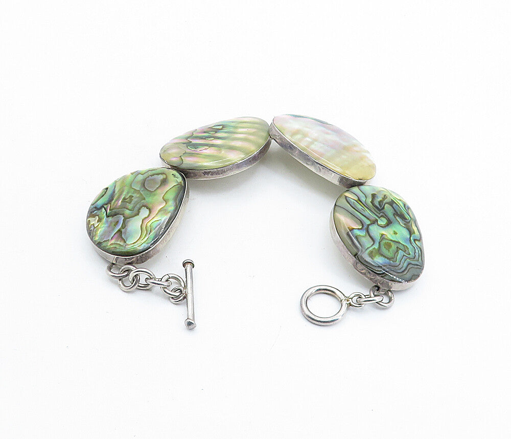 MEXICO 925 Sterling Silver  Vintage Shiny Abalone Shell Chain Bracelet  BT2175