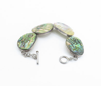 MEXICO 925 Sterling Silver  Vintage Shiny Abalone Shell Chain Bracelet  BT2175