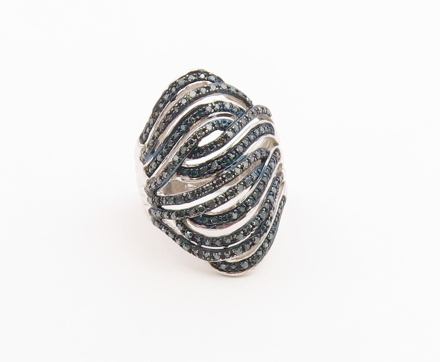 925 Sterling Silver Vintage Ring Real Diamonds Crossover Wave  Sz 9  RG36489