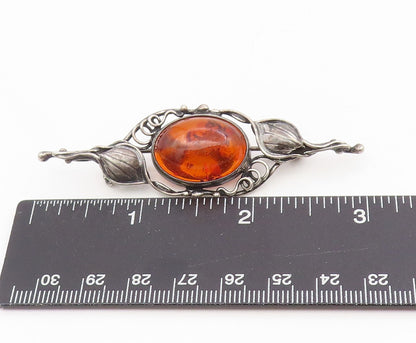 925 Sterling Silver Vintage Brooch Pin Cabochon Honey Amber Floral Leaf  BP12211