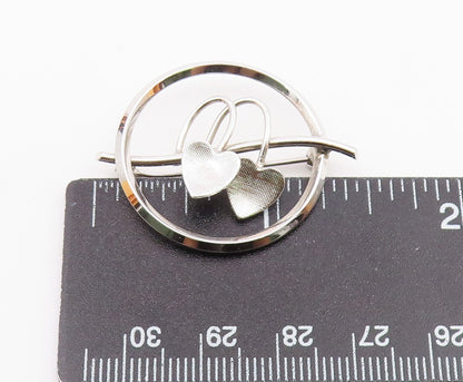 925 Sterling Silver  Vintage Shiny Double Love Hearts Round Brooch Pin  BP8600