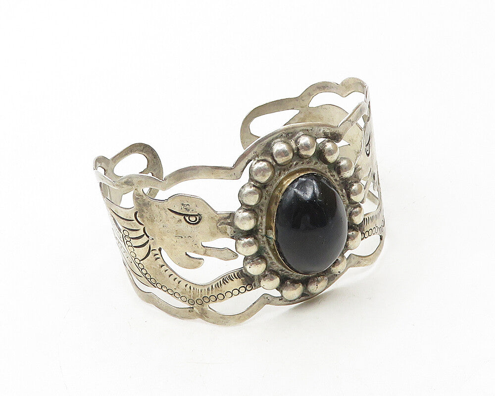 MEXICO 925 Sterling Silver  Vintage Black Onyx Dragons Cuff Bracelet  BT4459