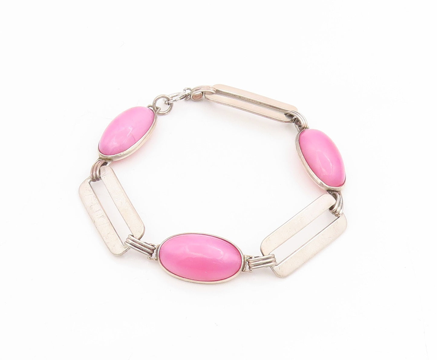 925 Sterling Silver Vintage Bracelet Oval Pink Gemstone Geometric Link  BT11687