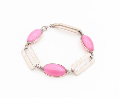 925 Sterling Silver Vintage Bracelet Oval Pink Gemstone Geometric Link  BT11687