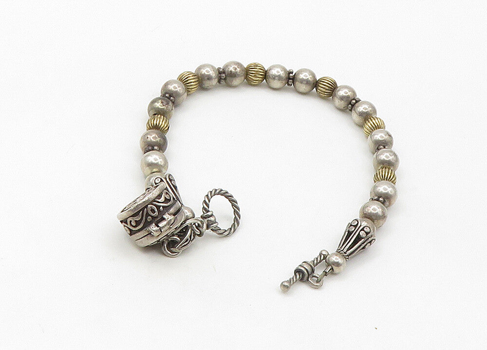 925 Sterling Silver  Vintage Two Tone Locket Beaded Chain Bracelet  BT8532